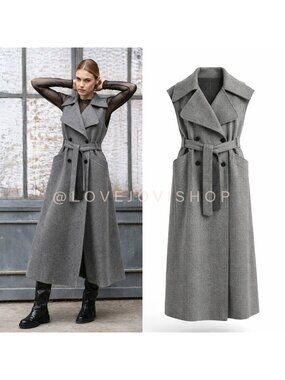 Blazer | Gray Felt Sleeveless Double Breasted Trench Jacket | Classic Layer XXL
